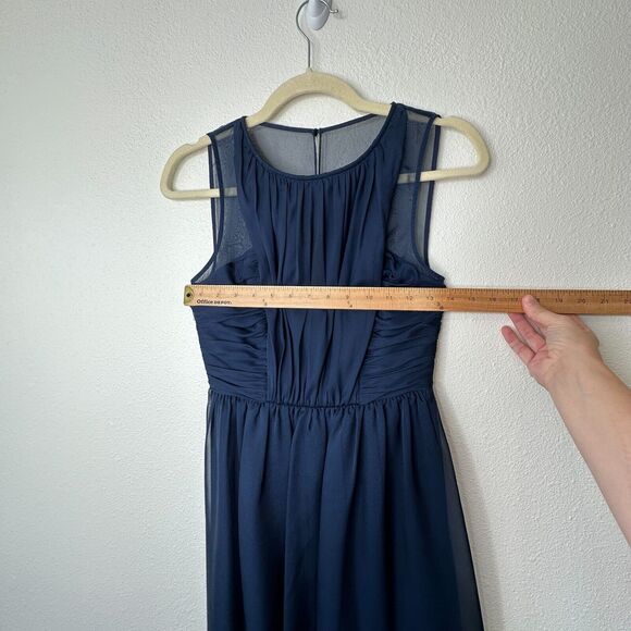 Hitherto Daylily Navy Sheer Shoulder Sleeveless Dress Ruched Side & Back Waist 0 - Picture 16 of 16